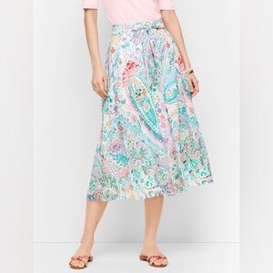 Talbots Green White Paisley 100% Cotton Midi Skirt A-Line Pull-On Size 2
